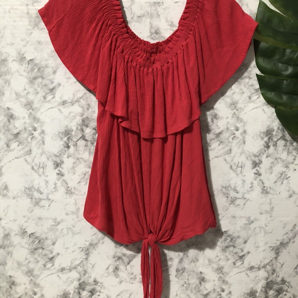 EXPRESS  Womens Size Medium Tie Front Off Shoulder Ruffle Top Red Blouse
